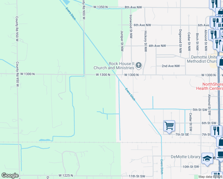 map of restaurants, bars, coffee shops, grocery stores, and more near 8871 County Road 1300 North in De Motte