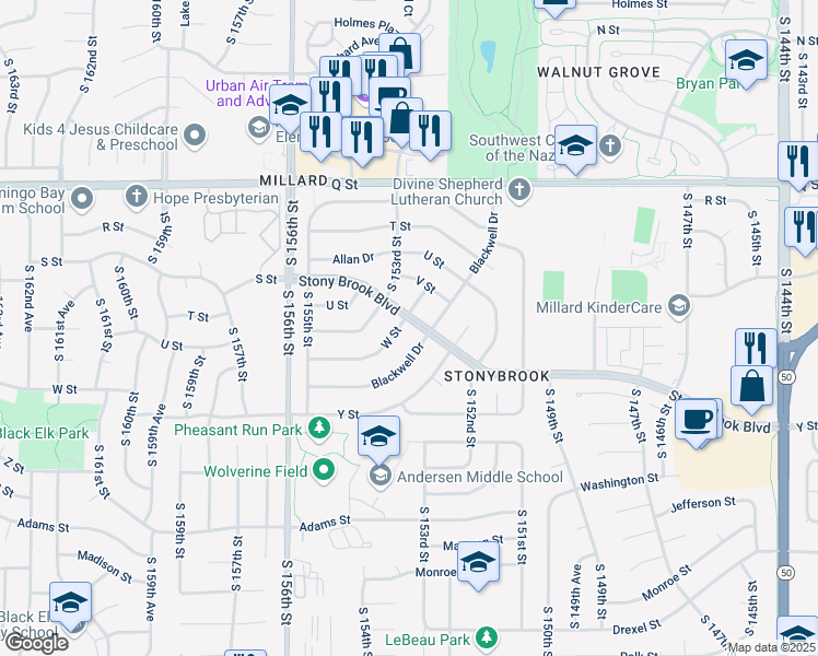 map of restaurants, bars, coffee shops, grocery stores, and more near 15261 Blackwell Drive in Omaha