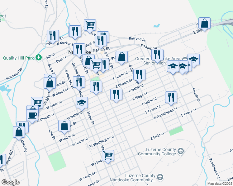 map of restaurants, bars, coffee shops, grocery stores, and more near 110 East Noble Street in Nanticoke