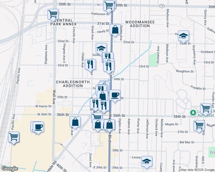 map of restaurants, bars, coffee shops, grocery stores, and more near 351 Franklin Street in Ogden