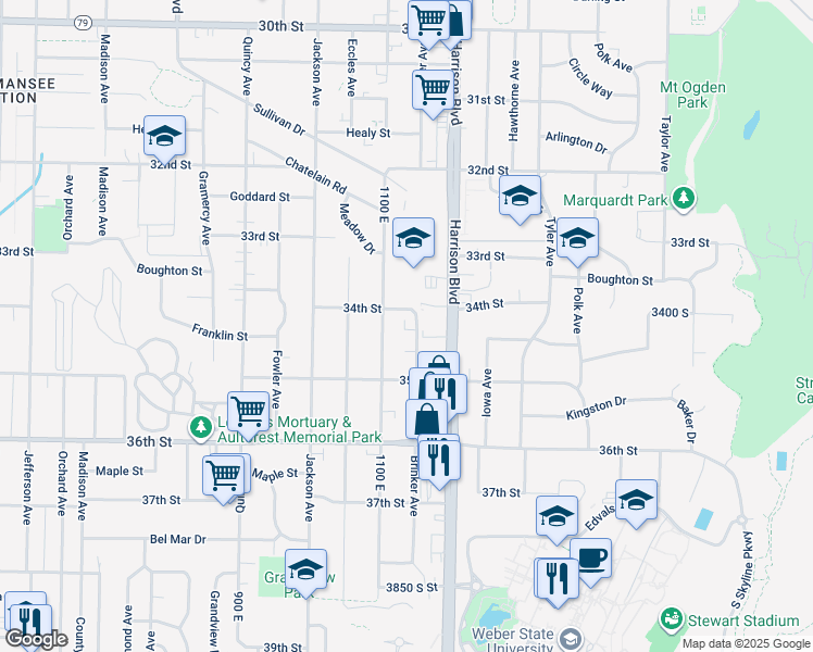 map of restaurants, bars, coffee shops, grocery stores, and more near 3444 Van Buren Avenue in Ogden