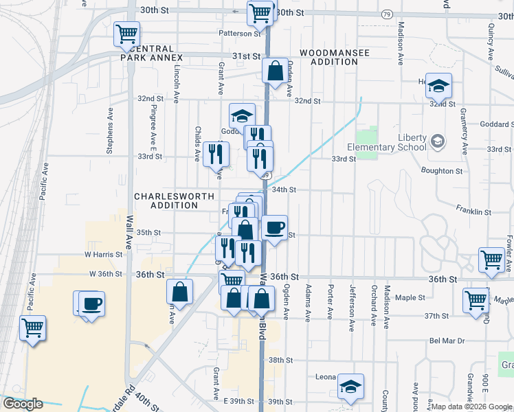 map of restaurants, bars, coffee shops, grocery stores, and more near 351 Franklin Street in Ogden