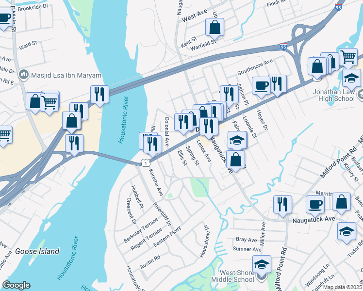 map of restaurants, bars, coffee shops, grocery stores, and more near 20 Ellis Street in Milford