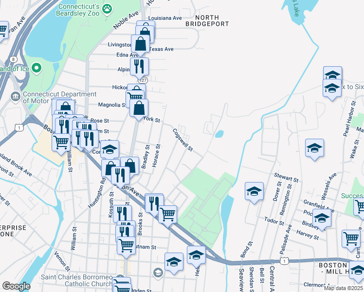 map of restaurants, bars, coffee shops, grocery stores, and more near 262 Goddard Avenue in Bridgeport