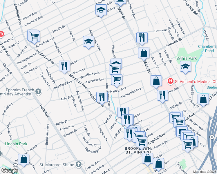 map of restaurants, bars, coffee shops, grocery stores, and more near 293 Harlem Avenue in Bridgeport