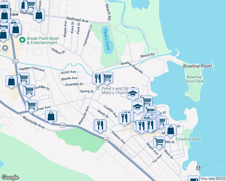map of restaurants, bars, coffee shops, grocery stores, and more near 10 Orchard Street in Haverstraw