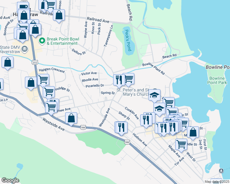 map of restaurants, bars, coffee shops, grocery stores, and more near 9 George Street in Haverstraw