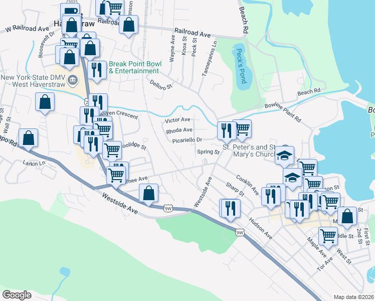 map of restaurants, bars, coffee shops, grocery stores, and more near 18 Village Mill in Haverstraw