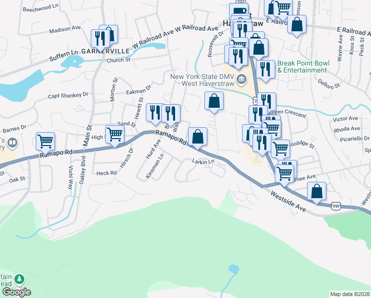 map of restaurants, bars, coffee shops, grocery stores, and more near 22 Larkin Lane in West Haverstraw