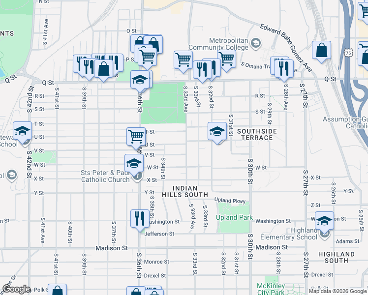 map of restaurants, bars, coffee shops, grocery stores, and more near 3365 V Street in Omaha