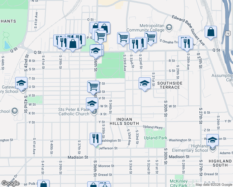 map of restaurants, bars, coffee shops, grocery stores, and more near 3365 V Street in Omaha