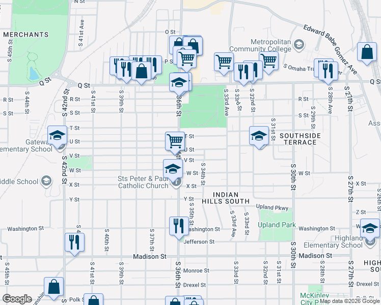 map of restaurants, bars, coffee shops, grocery stores, and more near 5707 South 36th Street in Omaha