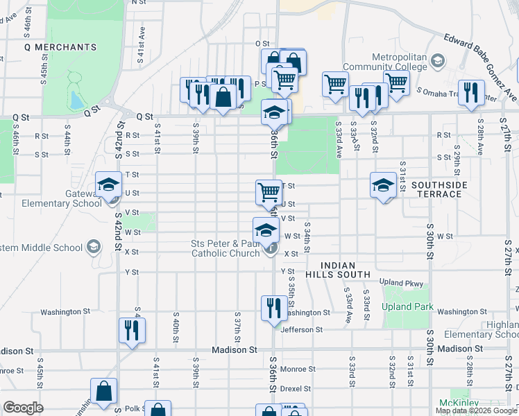 map of restaurants, bars, coffee shops, grocery stores, and more near 3621 V Street in Omaha