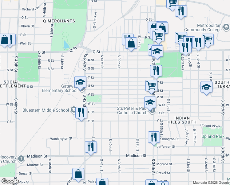 map of restaurants, bars, coffee shops, grocery stores, and more near 3913 V Street in Omaha