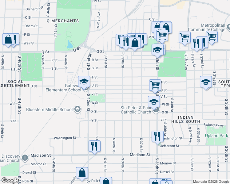 map of restaurants, bars, coffee shops, grocery stores, and more near 3913 V Street in Omaha