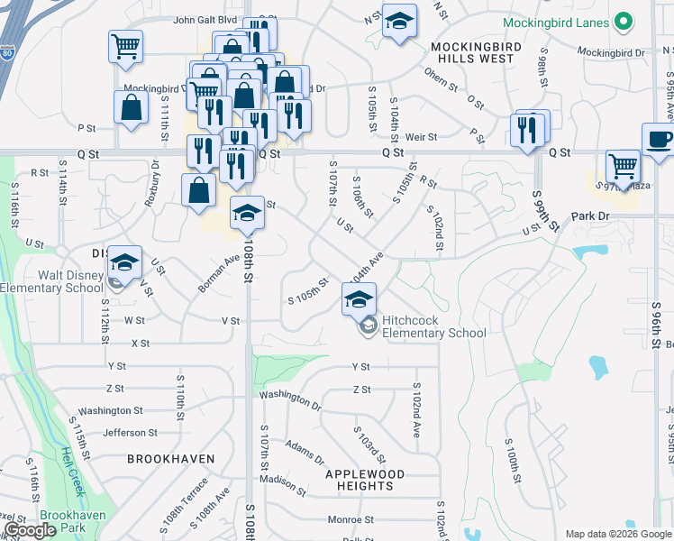 map of restaurants, bars, coffee shops, grocery stores, and more near 5723 South 104th Avenue in Omaha