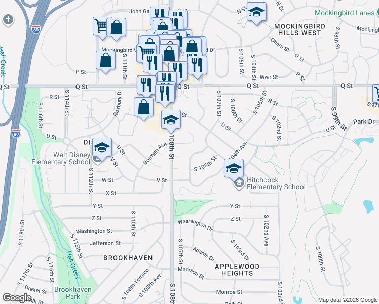 map of restaurants, bars, coffee shops, grocery stores, and more near 5837 South 107th Street in Omaha