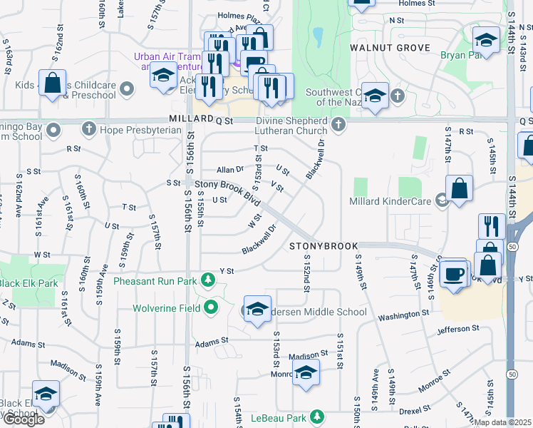 map of restaurants, bars, coffee shops, grocery stores, and more near 15261 Blackwell Drive in Omaha