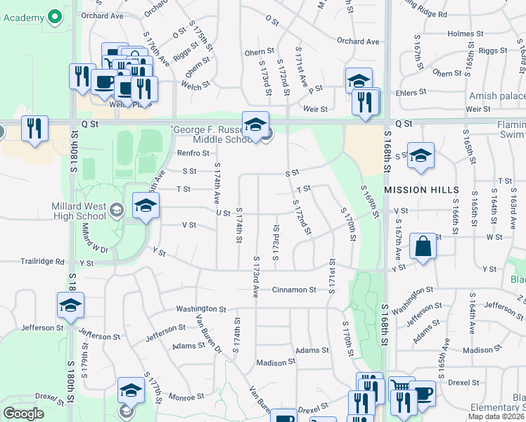 map of restaurants, bars, coffee shops, grocery stores, and more near 5606 South 173rd Street in Omaha