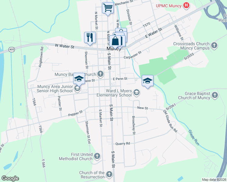 map of restaurants, bars, coffee shops, grocery stores, and more near 304 South Washington Street in Muncy