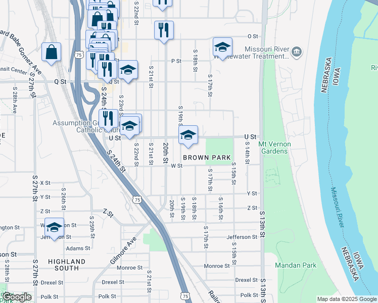 map of restaurants, bars, coffee shops, grocery stores, and more near 5619 South 19th Street in Omaha