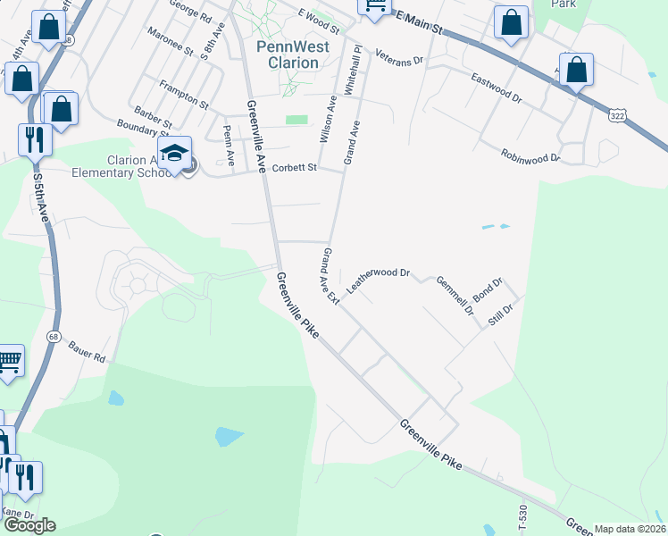 map of restaurants, bars, coffee shops, grocery stores, and more near 343-389 Grand Avenue Extended in Clarion