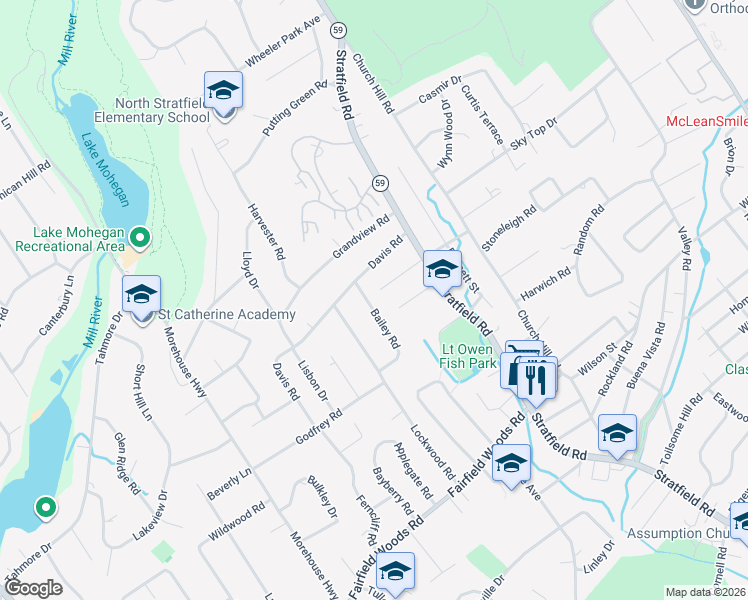 map of restaurants, bars, coffee shops, grocery stores, and more near 70 Bailey Road in Fairfield