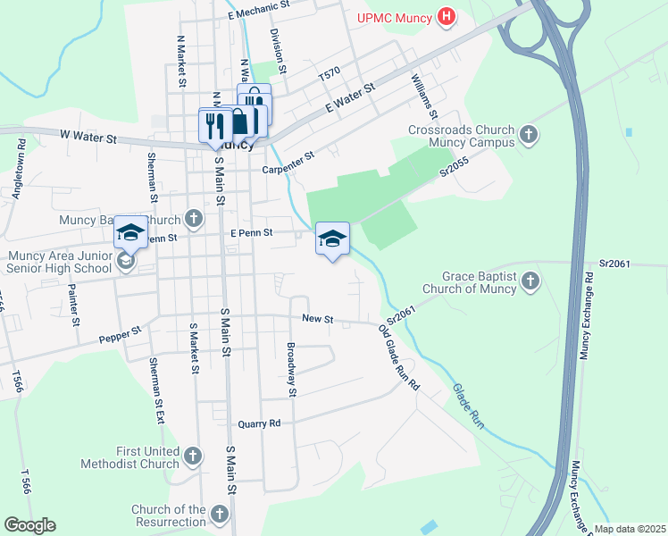 map of restaurants, bars, coffee shops, grocery stores, and more near 125 New Street in Muncy