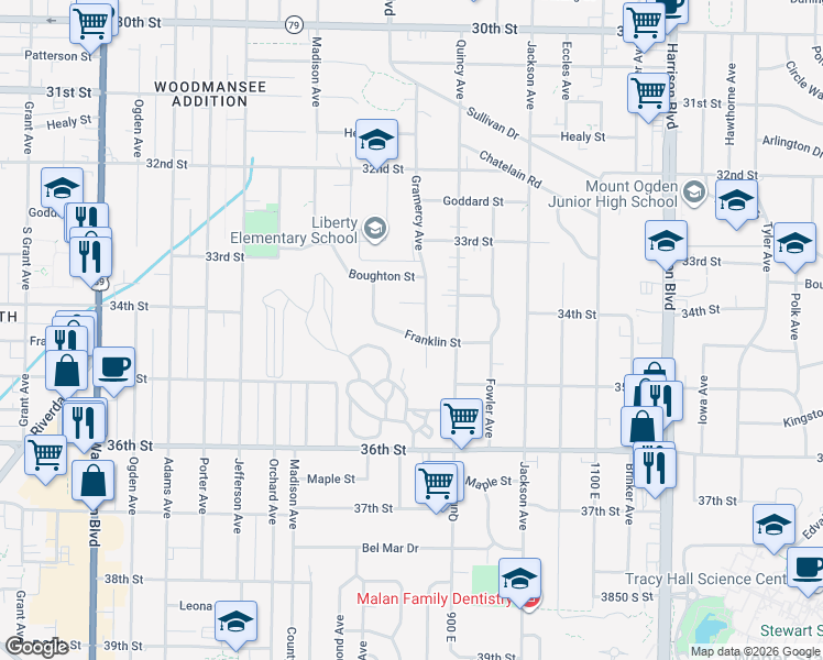 map of restaurants, bars, coffee shops, grocery stores, and more near 848 Franklin Street in Ogden
