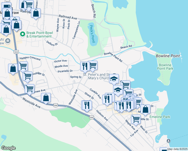 map of restaurants, bars, coffee shops, grocery stores, and more near 20 George Street in Haverstraw