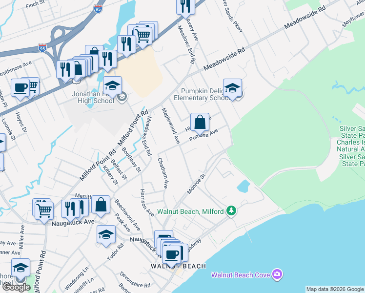 map of restaurants, bars, coffee shops, grocery stores, and more near 203 Maplewood Avenue in Milford