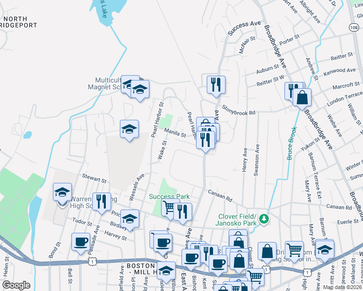 map of restaurants, bars, coffee shops, grocery stores, and more near 234 Court D in Bridgeport
