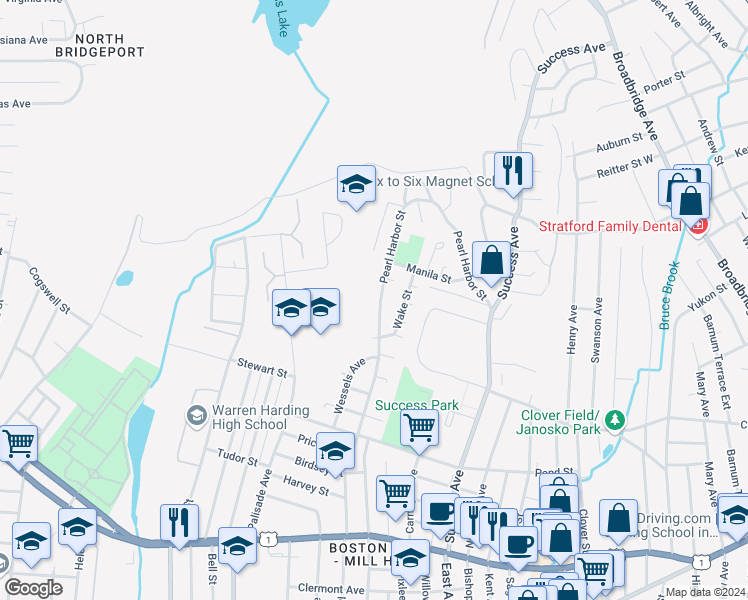 map of restaurants, bars, coffee shops, grocery stores, and more near 324 Pearl Harbor Street in Bridgeport