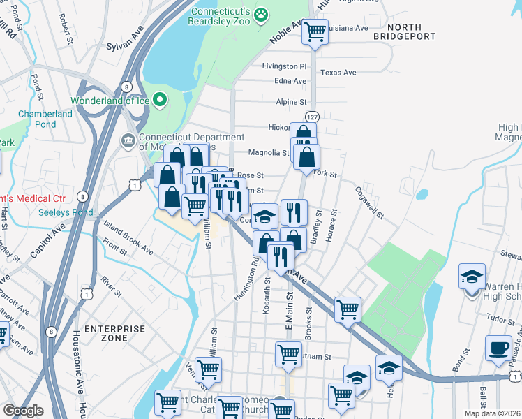 map of restaurants, bars, coffee shops, grocery stores, and more near 547 Huntington Road in Bridgeport