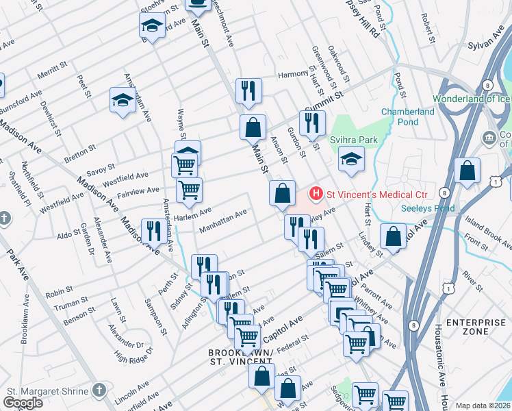 map of restaurants, bars, coffee shops, grocery stores, and more near 81 Bronx Avenue in Bridgeport