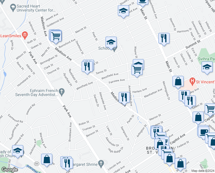 map of restaurants, bars, coffee shops, grocery stores, and more near 1595 Madison Avenue in Bridgeport