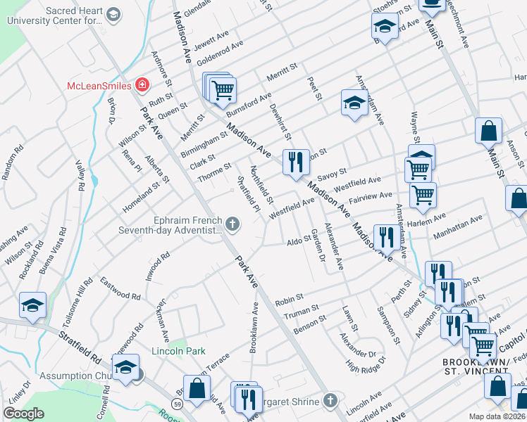 map of restaurants, bars, coffee shops, grocery stores, and more near 26 Barberie Circle in Bridgeport
