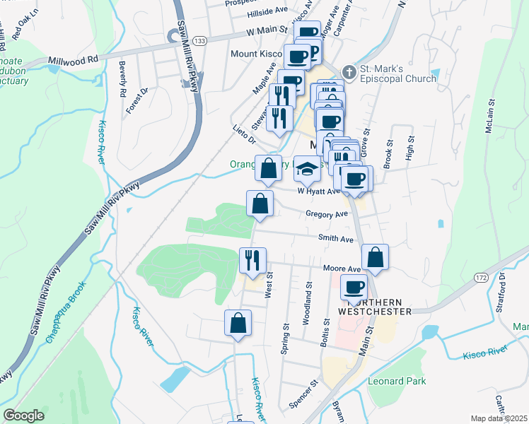 map of restaurants, bars, coffee shops, grocery stores, and more near 121 Smith Avenue in Mount Kisco