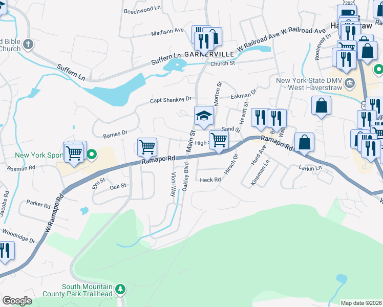 map of restaurants, bars, coffee shops, grocery stores, and more near 51 Ramapo Road in Rockland County