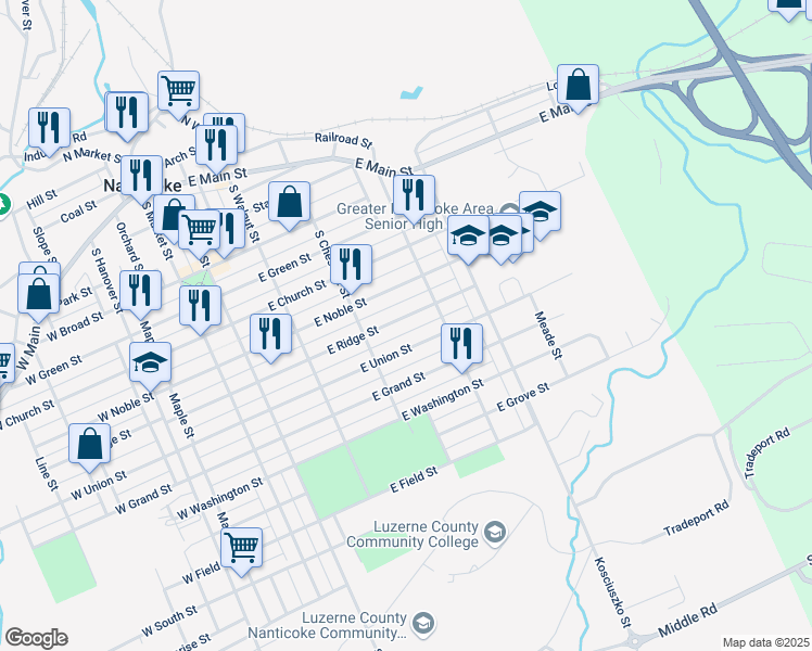map of restaurants, bars, coffee shops, grocery stores, and more near 352-358 E Union St in Nanticoke