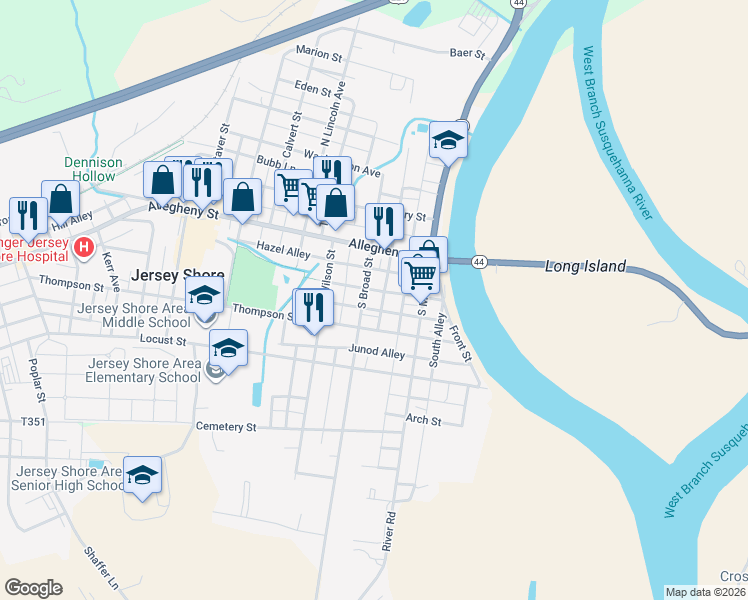 map of restaurants, bars, coffee shops, grocery stores, and more near 227 South Broad Street in Jersey Shore