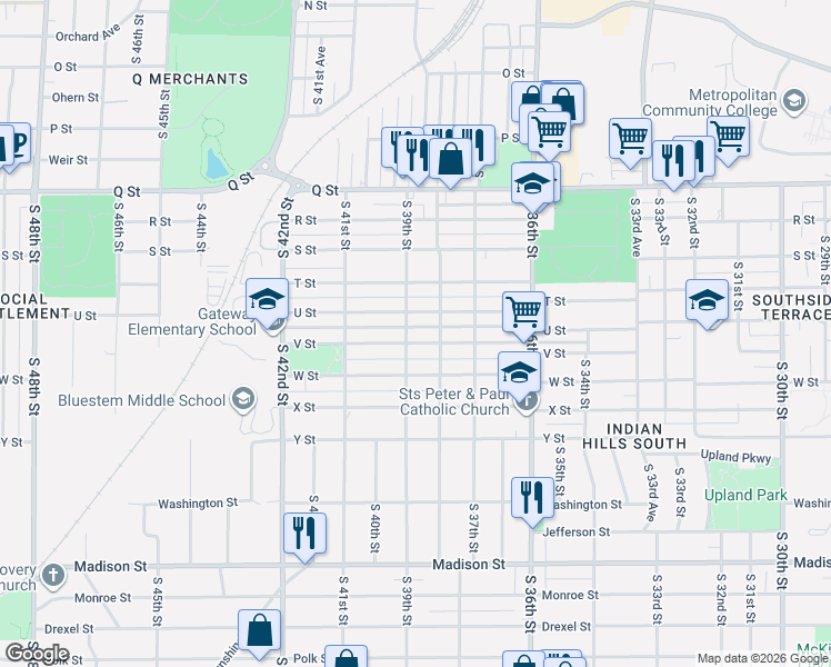 map of restaurants, bars, coffee shops, grocery stores, and more near 3809 V Street in Omaha