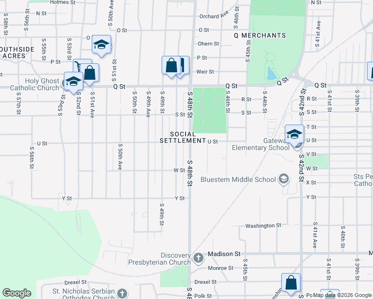 map of restaurants, bars, coffee shops, grocery stores, and more near 5641 South 48th Street in Omaha