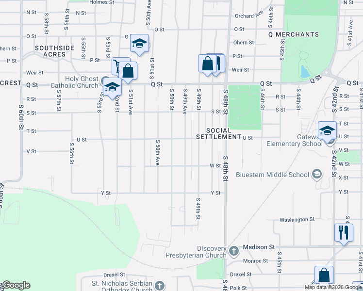 map of restaurants, bars, coffee shops, grocery stores, and more near 5635 South 50th Street in Omaha