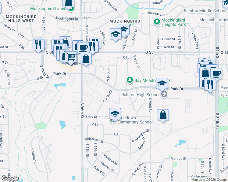 map of restaurants, bars, coffee shops, grocery stores, and more near 5630 South 92nd Plaza in Omaha