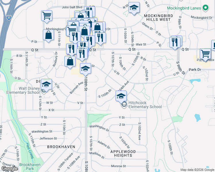 map of restaurants, bars, coffee shops, grocery stores, and more near 5815 South 105th Street in Omaha