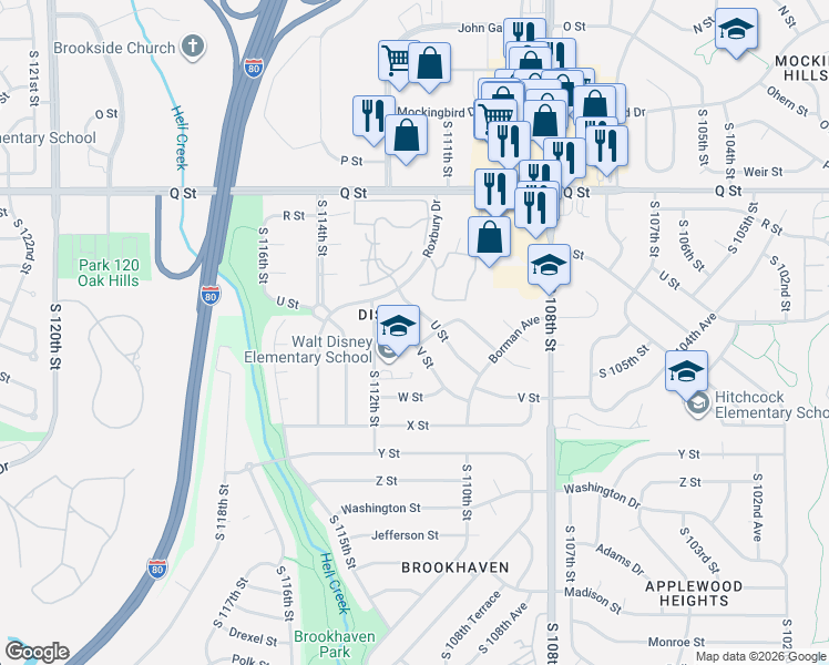 map of restaurants, bars, coffee shops, grocery stores, and more near 5707 South 112th Street in Omaha