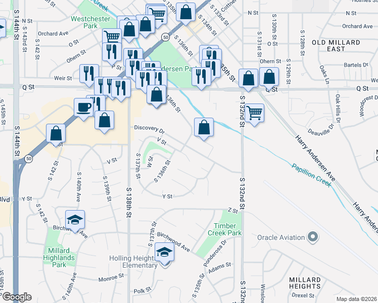 map of restaurants, bars, coffee shops, grocery stores, and more near 13563 V Circle in Omaha