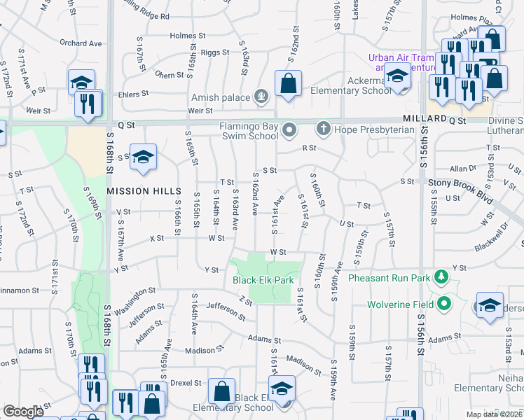 map of restaurants, bars, coffee shops, grocery stores, and more near 5617 South 162nd Avenue in Omaha