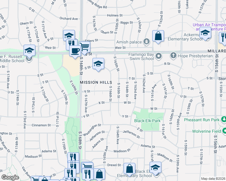 map of restaurants, bars, coffee shops, grocery stores, and more near 5708 South 165th Street in Omaha